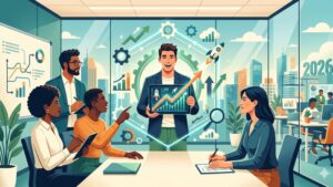 Современная иллюстрация процесса подбора Growth-маркетолога в стартап в минималистичном профессиональном стиле для блога